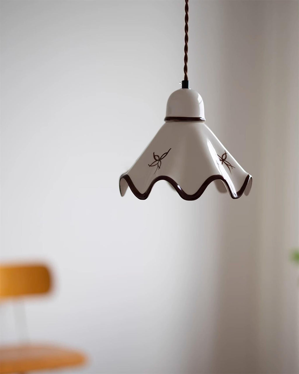 Pendant Lamp Ceramic Wavy Shade Rustic Brown Trim Retro Farmhouse