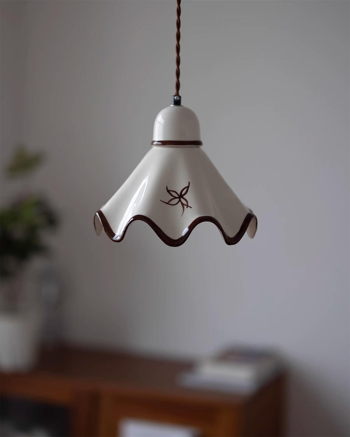 Pendant Lamp Ceramic Wavy Shade Rustic Brown Trim Retro Farmhouse