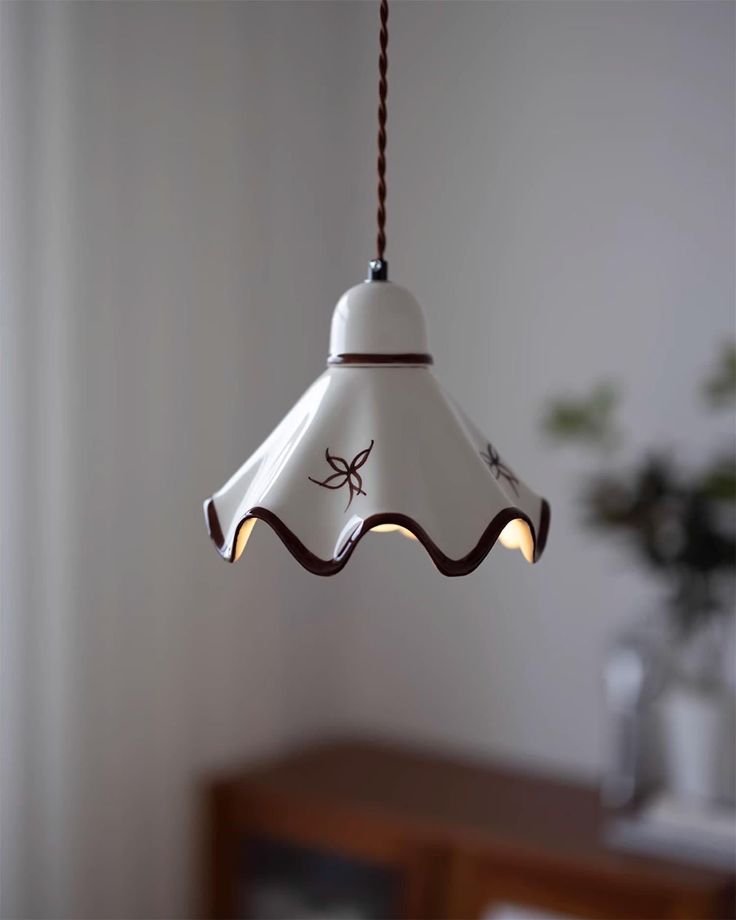 Pendant Lamp Ceramic Wavy Shade Rustic Brown Trim Retro Farmhouse