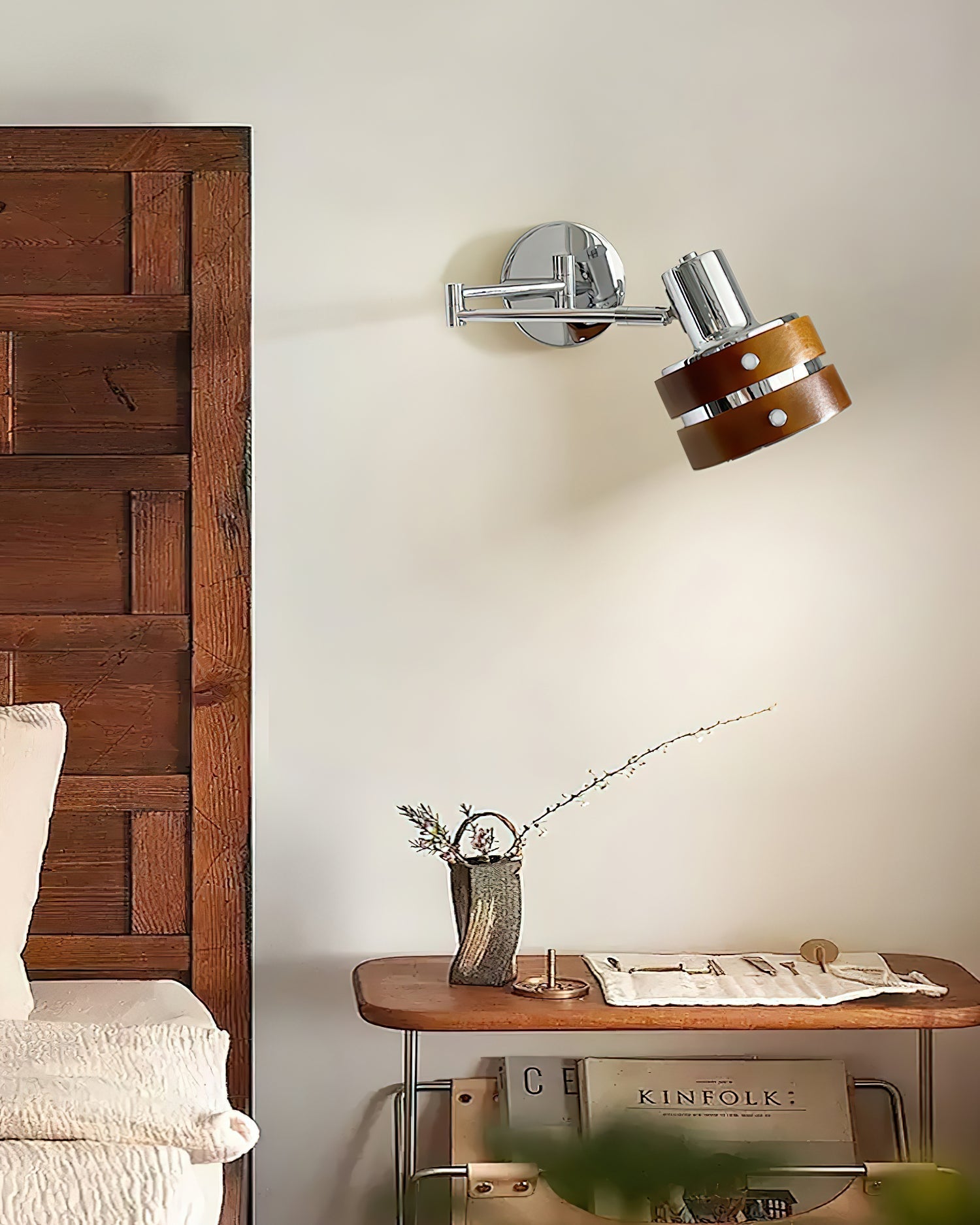 Wall Lamp & Wood Barrel Shade Adjustable Mid-Century