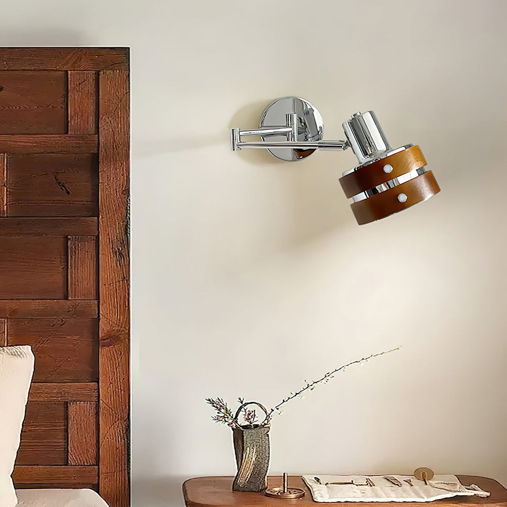 Wall Lamp & Wood Barrel Shade Adjustable Mid-Century