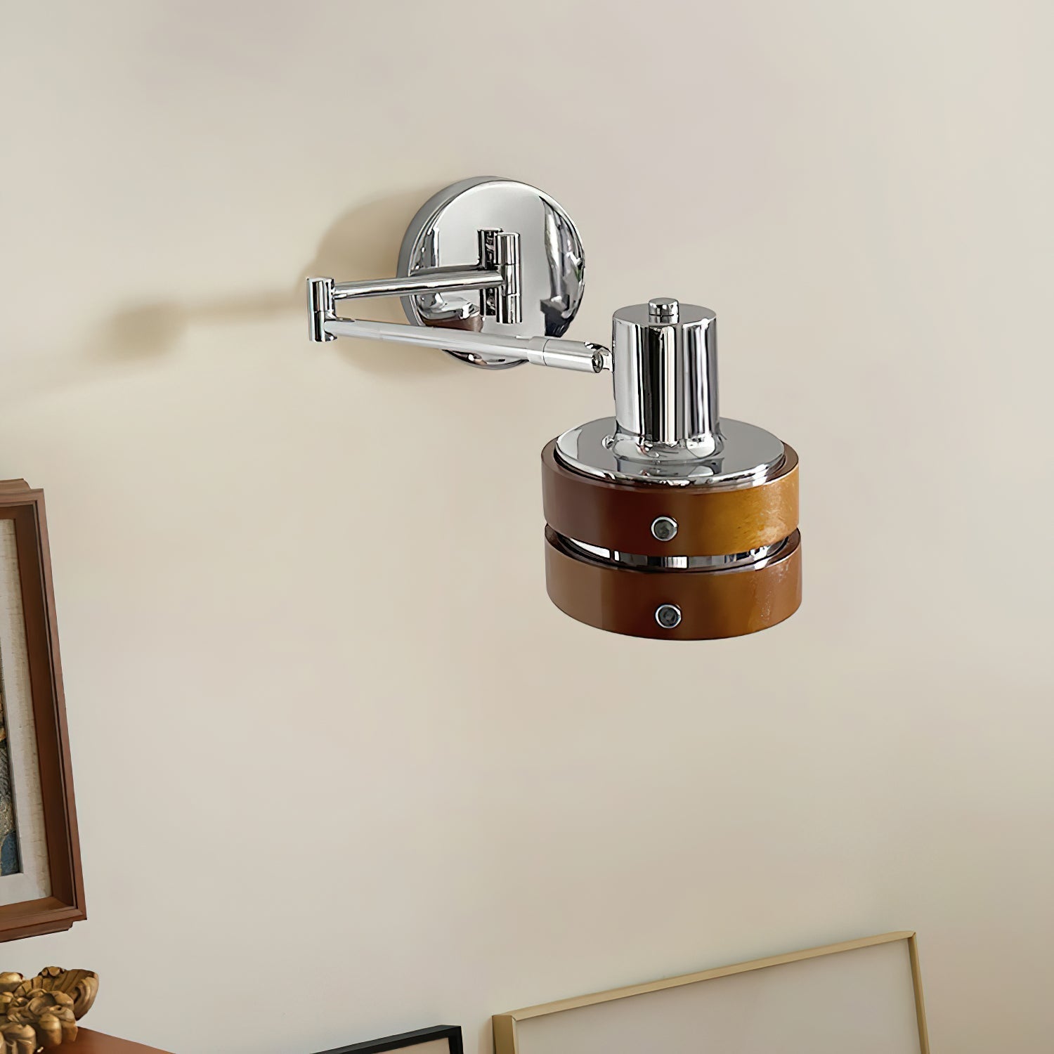 Wall Lamp & Wood Barrel Shade Adjustable Mid-Century