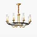 Chandelier Black Round Frame Brass Arms Ribbed Glass