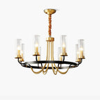 Chandelier Black Round Frame Brass Arms Ribbed Glass