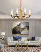 Chandelier Black Round Frame Brass Arms Ribbed Glass