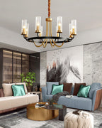 Chandelier Black Round Frame Brass Arms Ribbed Glass