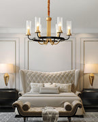 Chandelier Black Round Frame Brass Arms Ribbed Glass