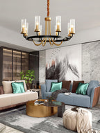 Chandelier Black Round Frame Brass Arms Ribbed Glass