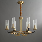 Chandelier Black Round Frame Brass Arms Ribbed Glass