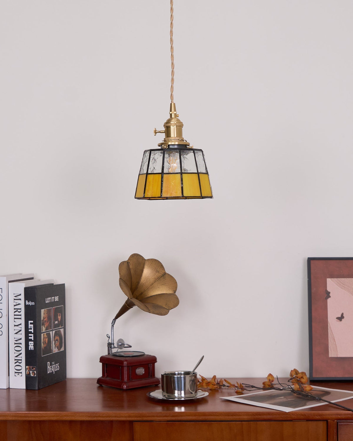 Pendant Lamp Stained Glass Shade Vintage Pattern Brass Retro