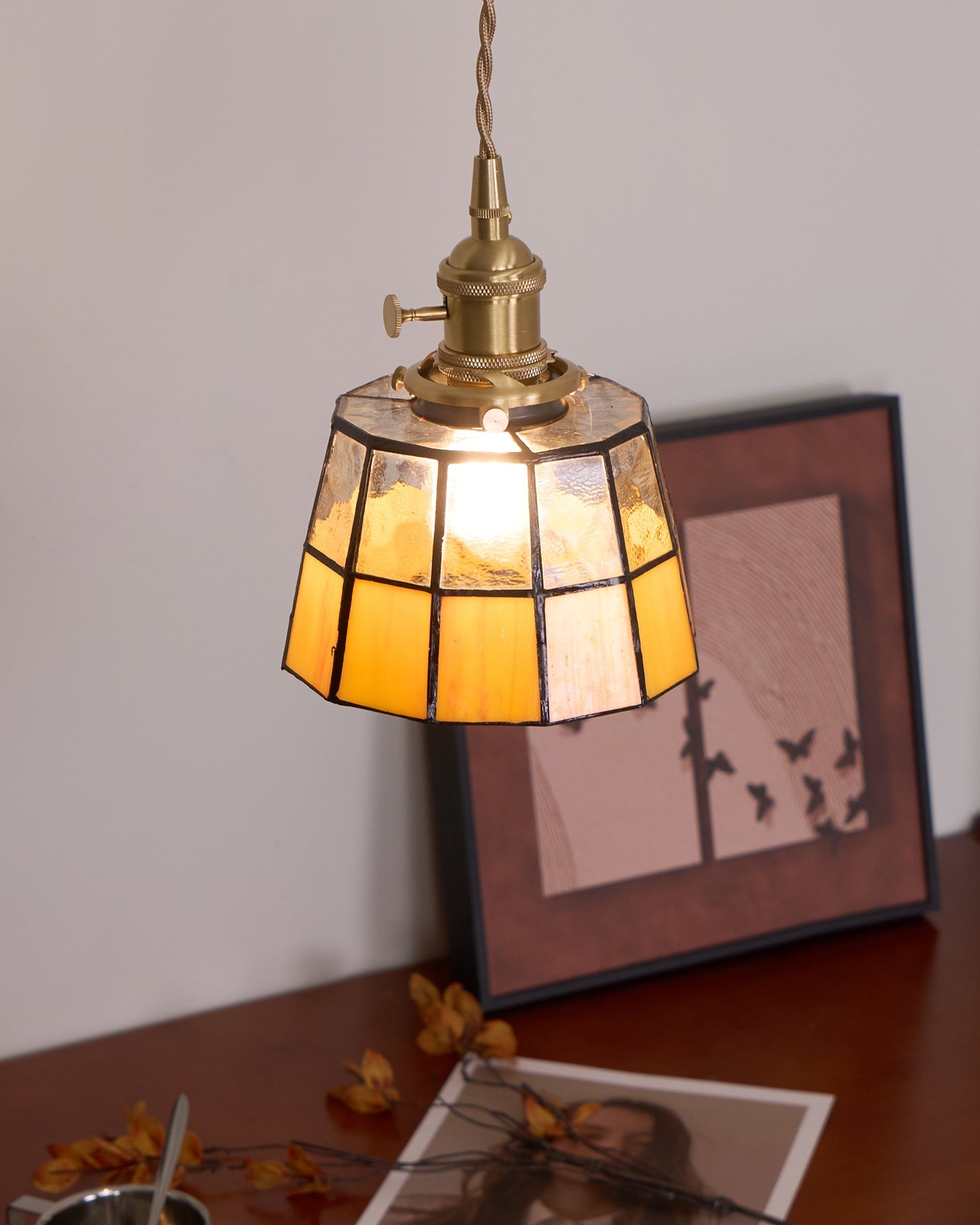 Pendant Lamp Stained Glass Shade Vintage Pattern Brass Retro