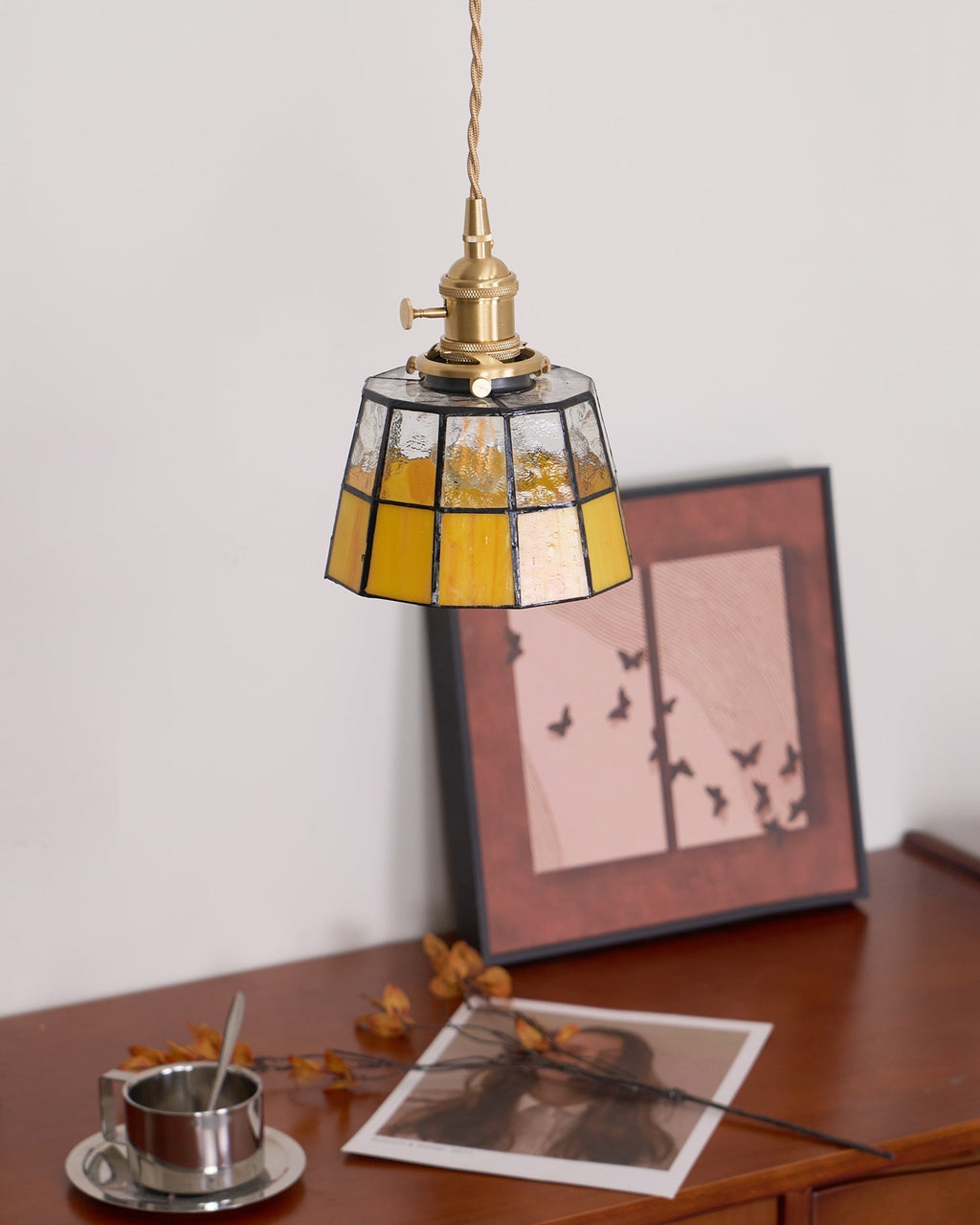 Pendant Lamp Stained Glass Shade Vintage Pattern Brass Retro