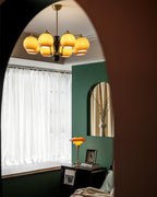 Chandelier Glass Shades Frame Wood Accents Mid-Century Calm