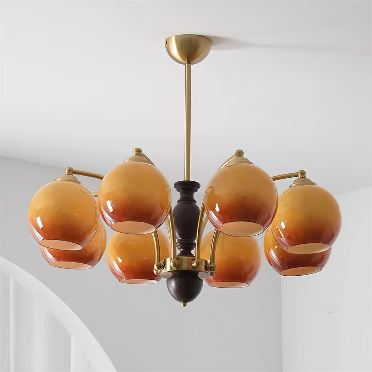 Chandelier Glass Shades Frame Wood Accents Mid-Century Calm