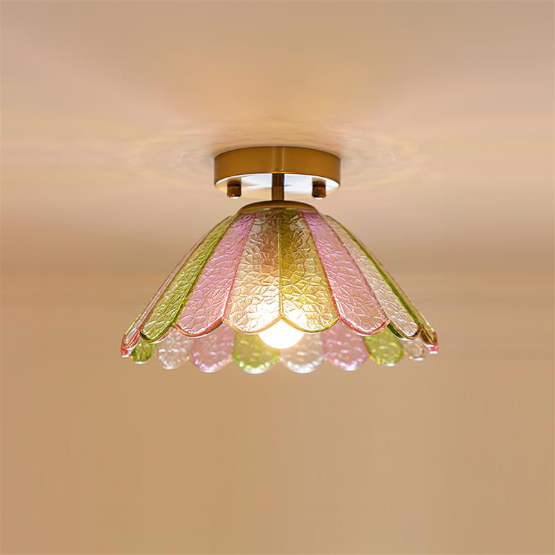 Ceiling Light Colorful Petal Glass Shade Gold Canopy Vintage Flush Mount