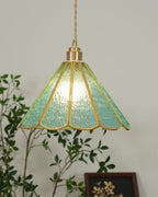 Pendant Lamp Textured Blue Glass Scalloped Brass Art Nouveau