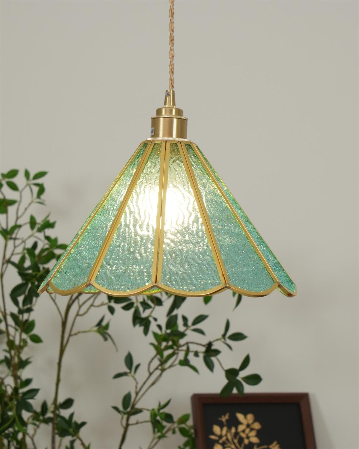 Pendant Lamp Textured Blue Glass Scalloped Brass Art Nouveau