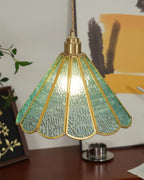 Pendant Lamp Textured Blue Glass Scalloped Brass Art Nouveau