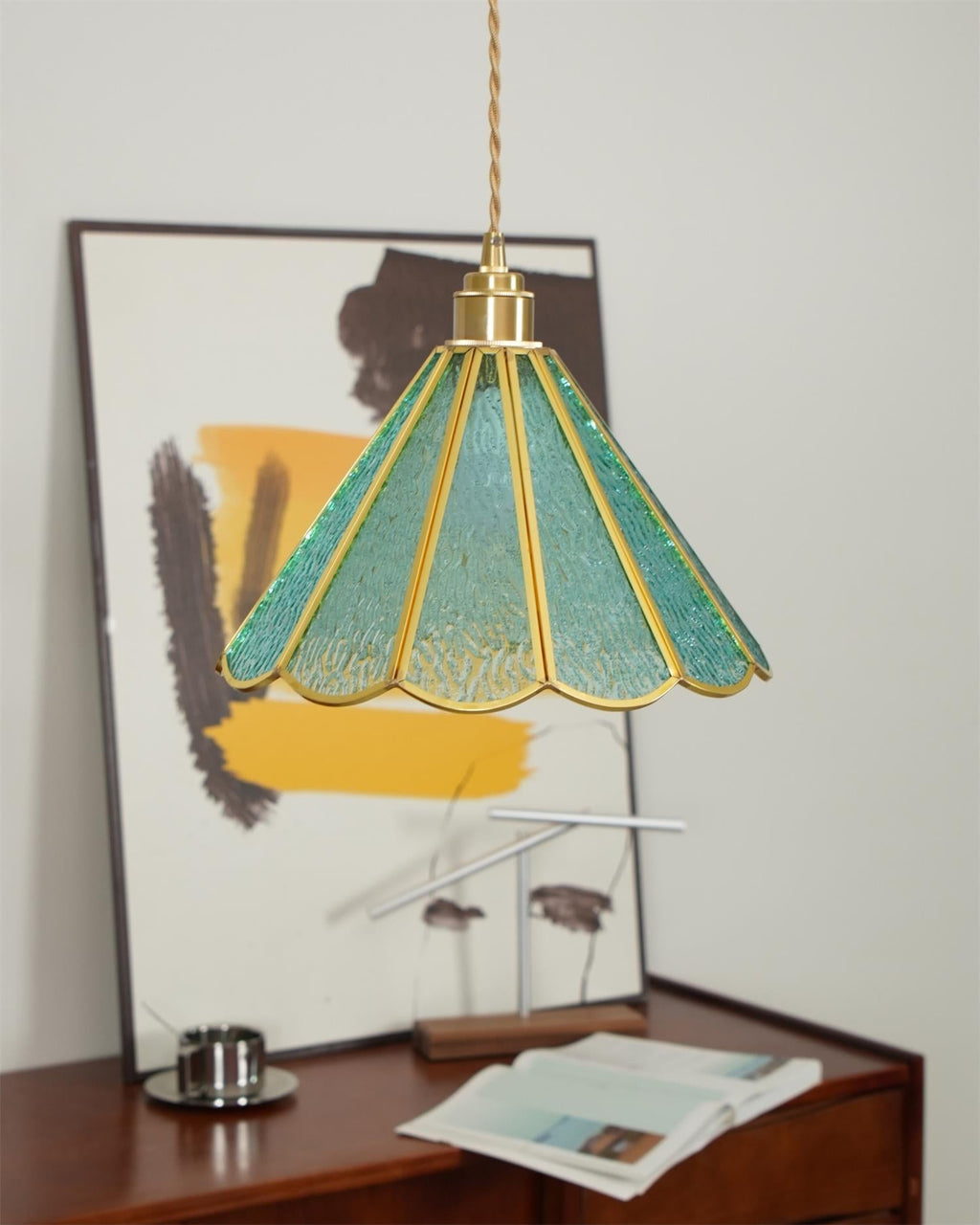 Pendant Lamp Textured Blue Glass Scalloped Brass Art Nouveau