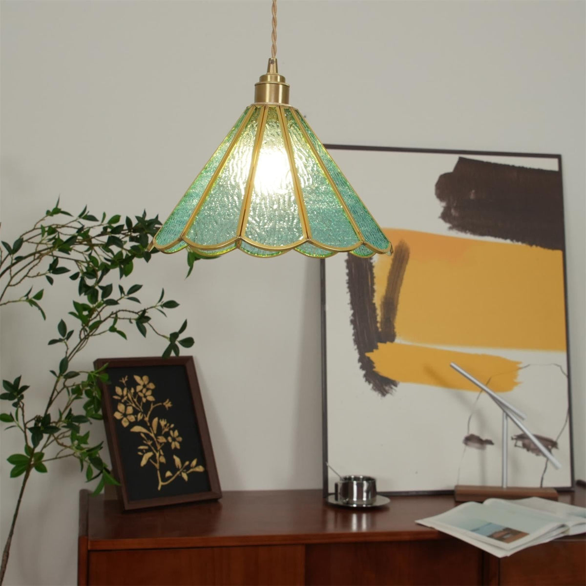 Pendant Lamp Textured Blue Glass Scalloped Brass Art Nouveau
