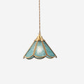 Pendant Lamp Textured Blue Glass Scalloped Brass Art Nouveau