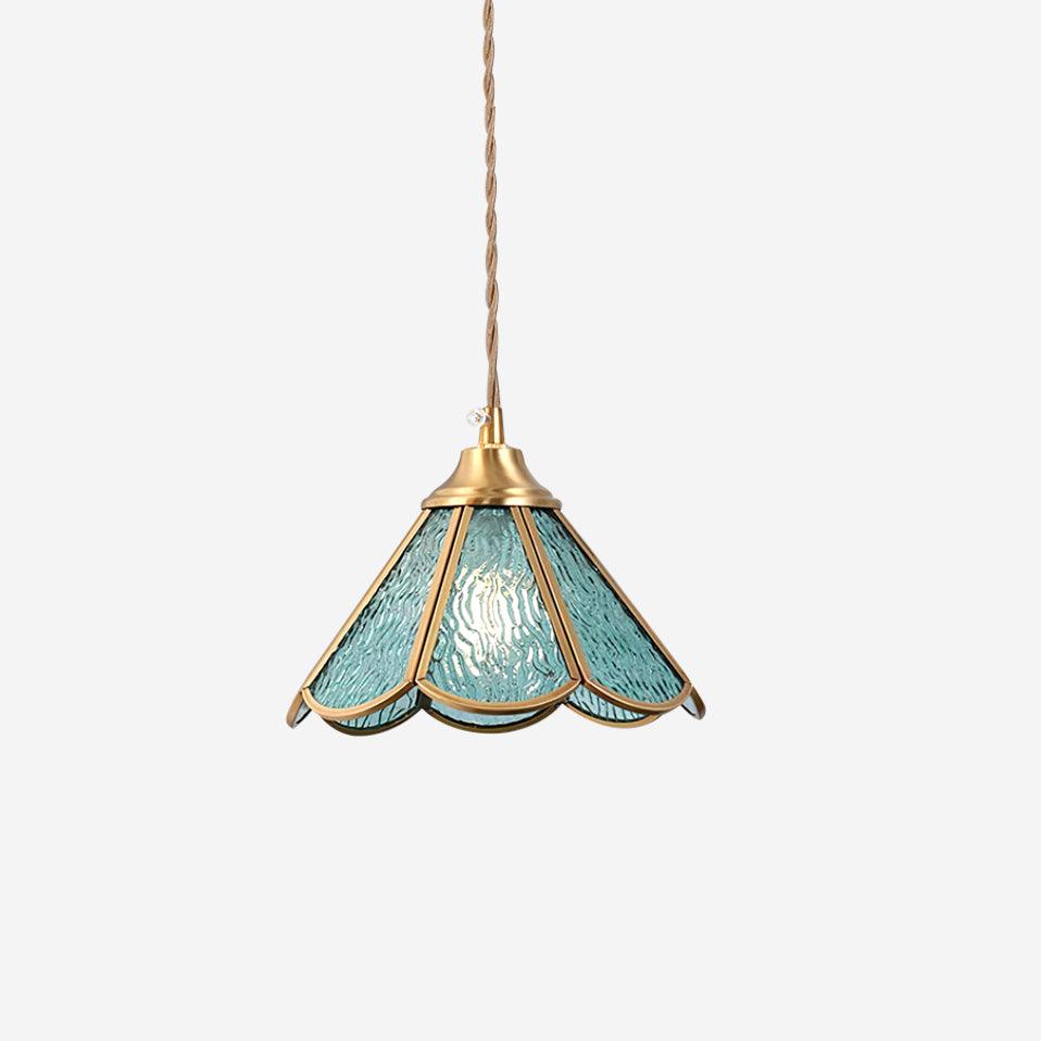 Pendant Lamp Textured Blue Glass Scalloped Brass Art Nouveau
