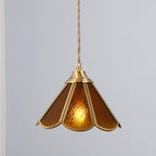 Pendant Lamp Textured Blue Glass Scalloped Brass Art Nouveau