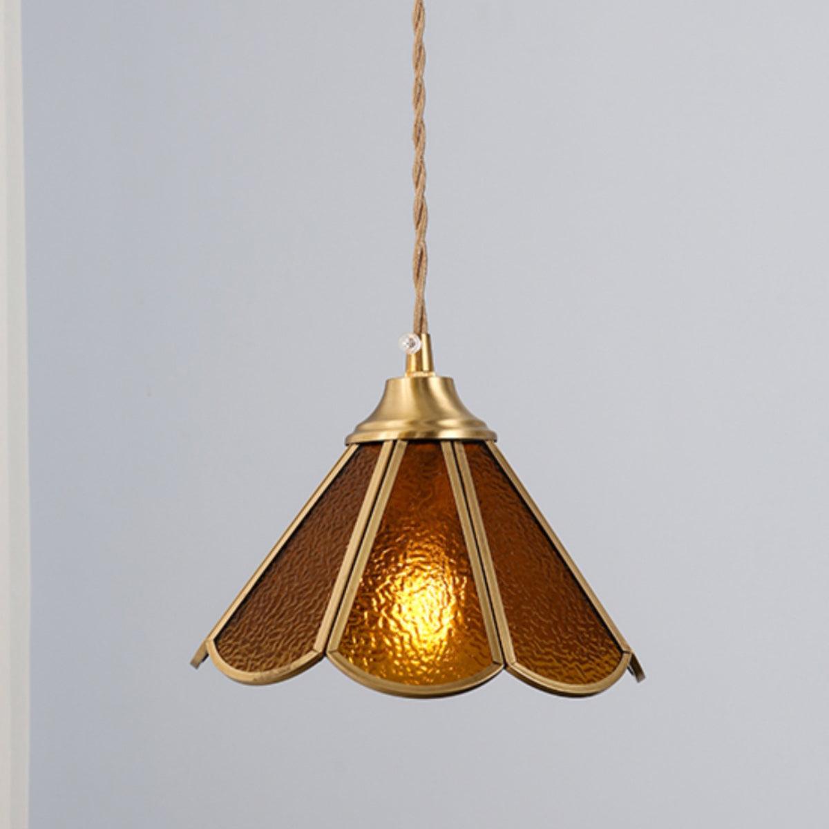 Pendant Lamp Textured Blue Glass Scalloped Brass Art Nouveau
