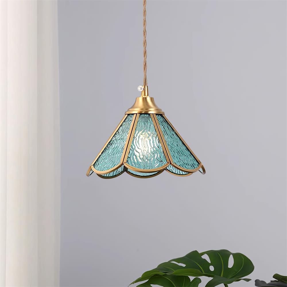 Pendant Lamp Textured Blue Glass Scalloped Brass Art Nouveau