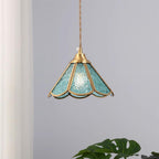 Pendant Lamp Textured Blue Glass Scalloped Brass Art Nouveau