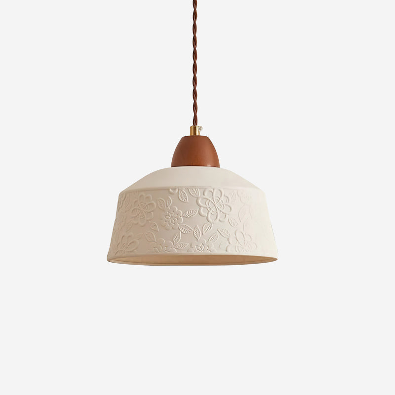 Pendant Lamp Textured Ceramic Drum Walnut Wood Retro