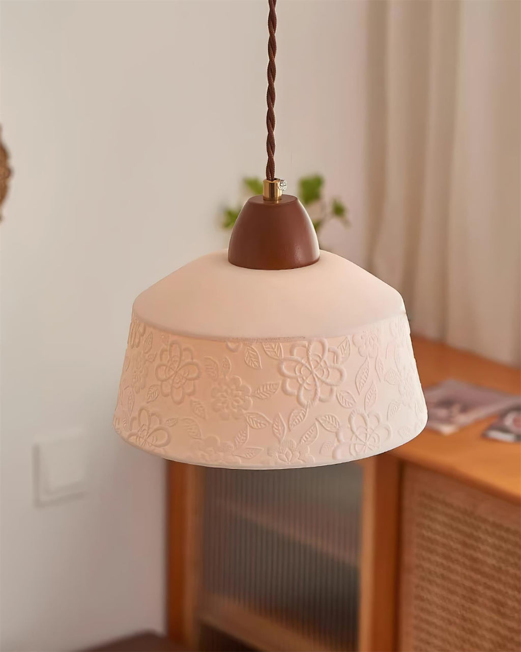 Pendant Lamp Textured Ceramic Drum Walnut Wood Retro