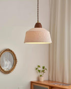 Pendant Lamp Textured Ceramic Drum Walnut Wood Retro