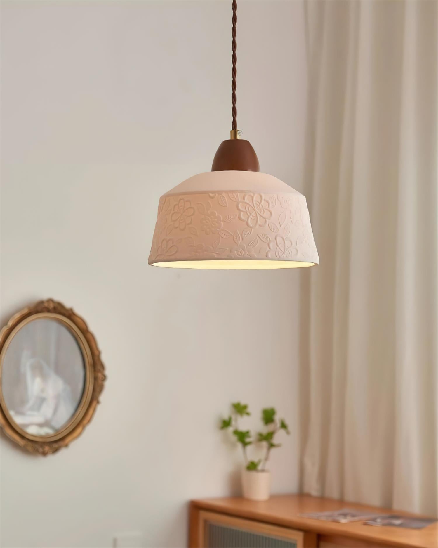 Pendant Lamp Textured Ceramic Drum Walnut Wood Retro