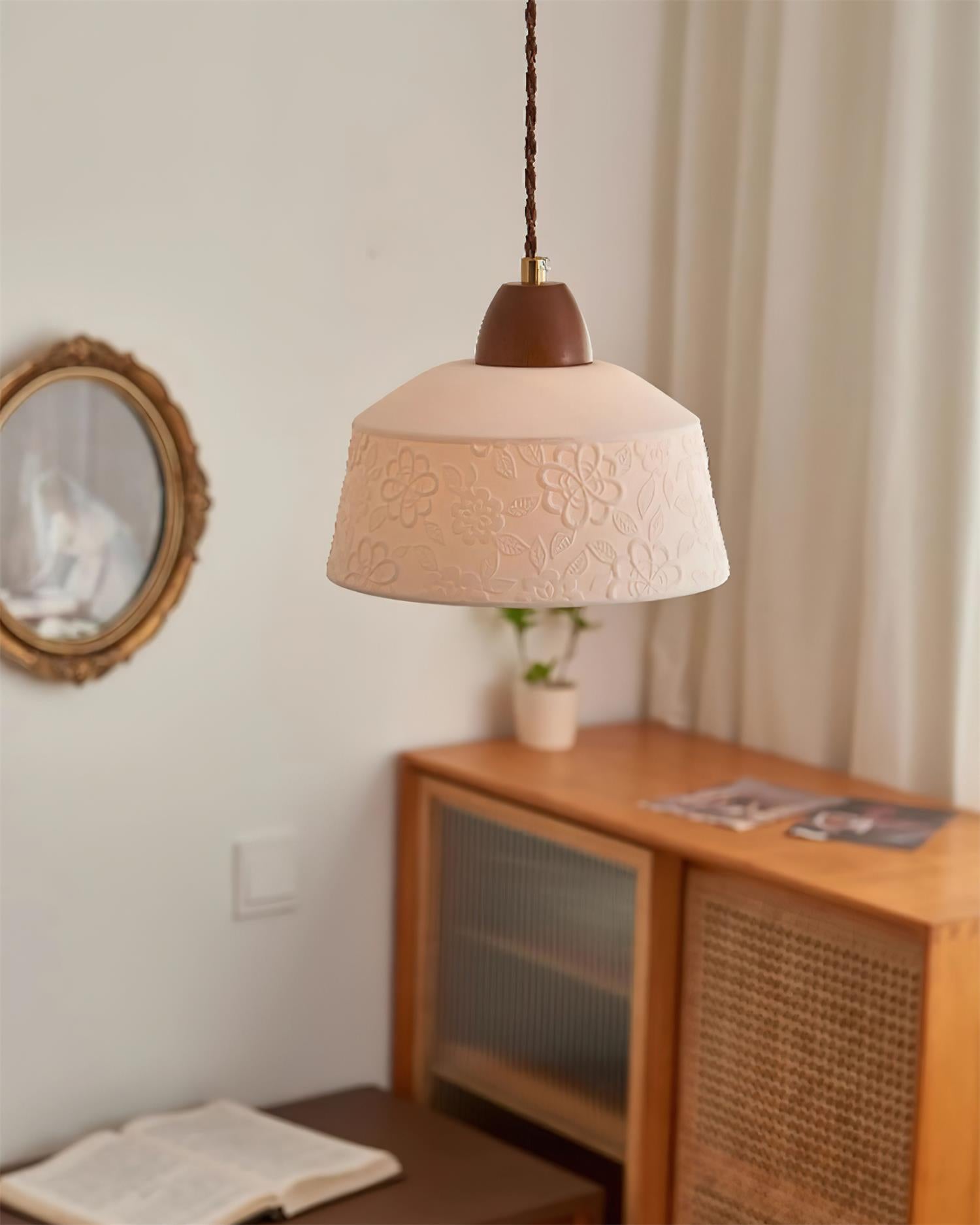 Pendant Lamp Textured Ceramic Drum Walnut Wood Retro