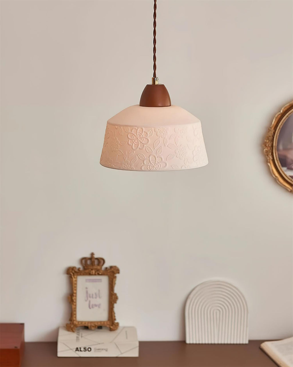 Pendant Lamp Textured Ceramic Drum Walnut Wood Retro