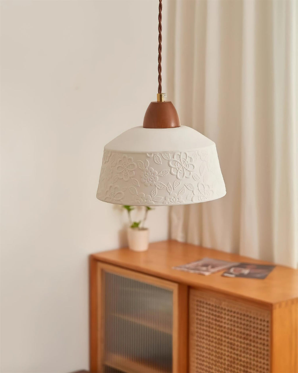Pendant Lamp Textured Ceramic Drum Walnut Wood Retro