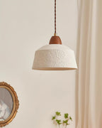 Pendant Lamp Textured Ceramic Drum Walnut Wood Retro