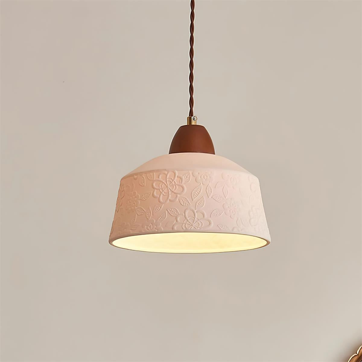 Pendant Lamp Textured Ceramic Drum Walnut Wood Retro
