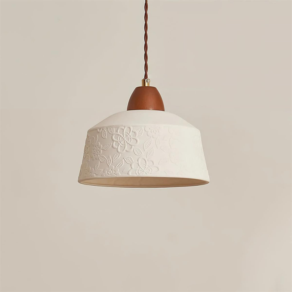 Pendant Lamp Textured Ceramic Drum Walnut Wood Retro