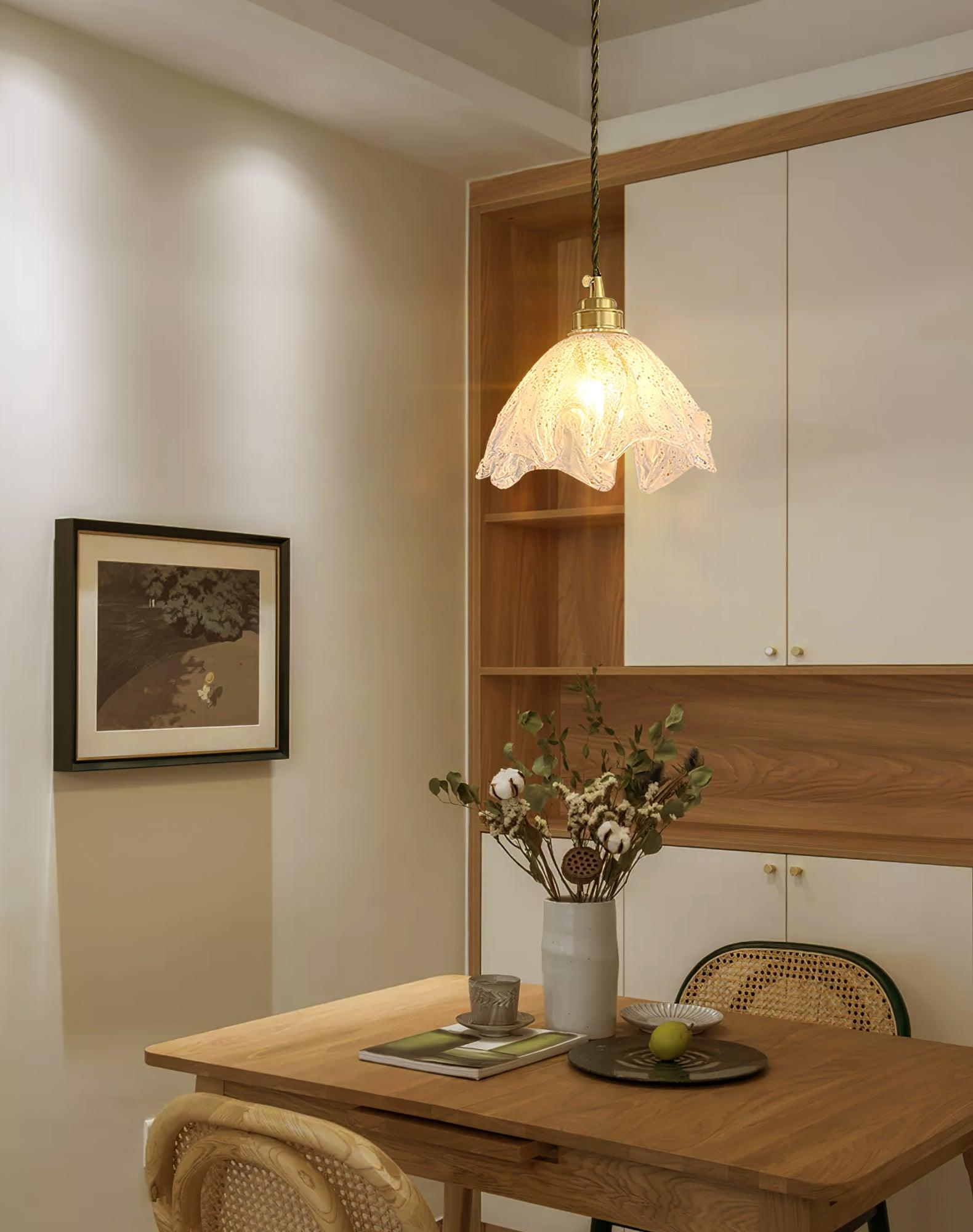 Solara Pendant Lamp Brass Ruffled Glass Lotus Vintage