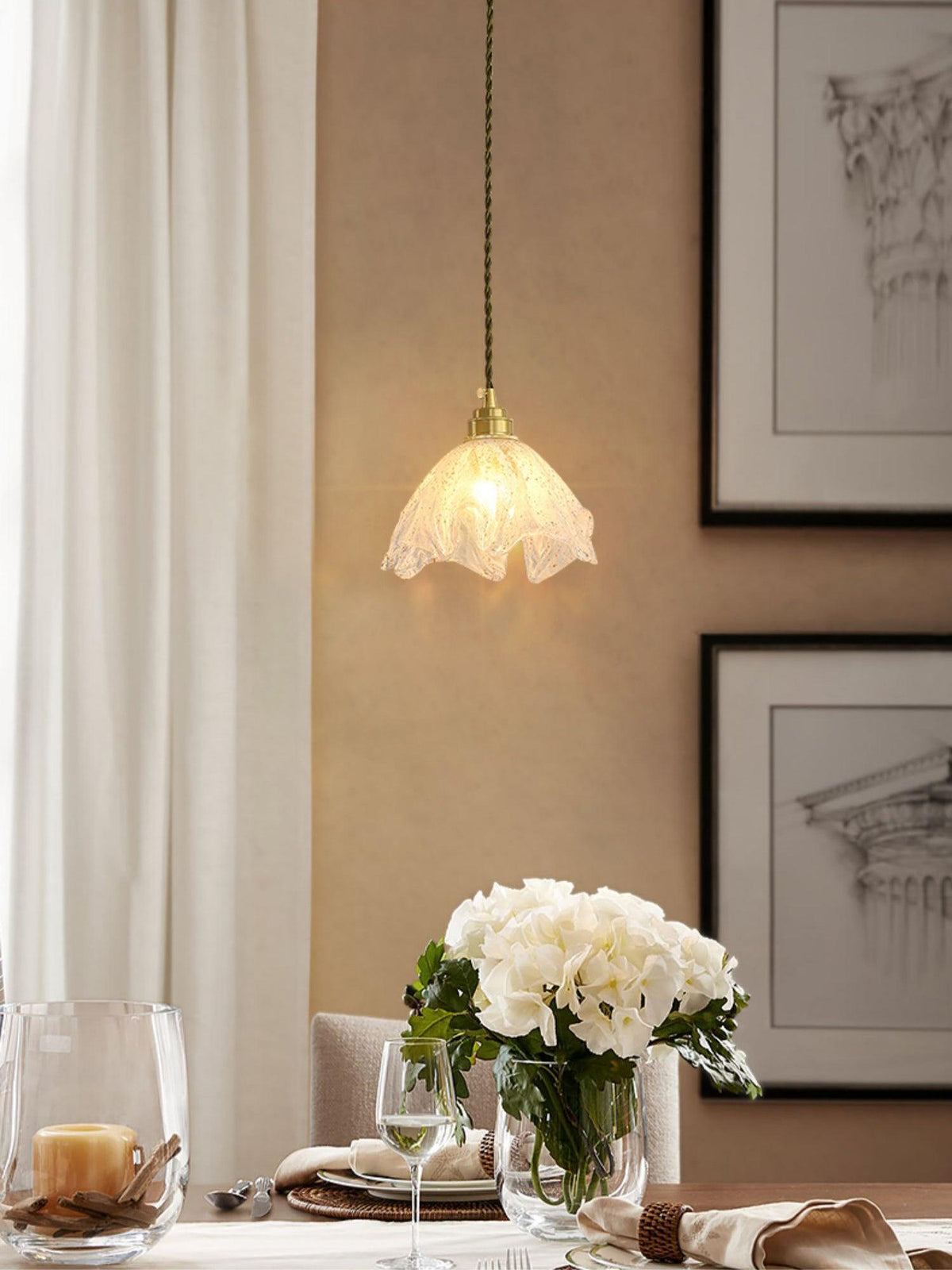 Solara Pendant Lamp Brass Ruffled Glass Lotus Vintage