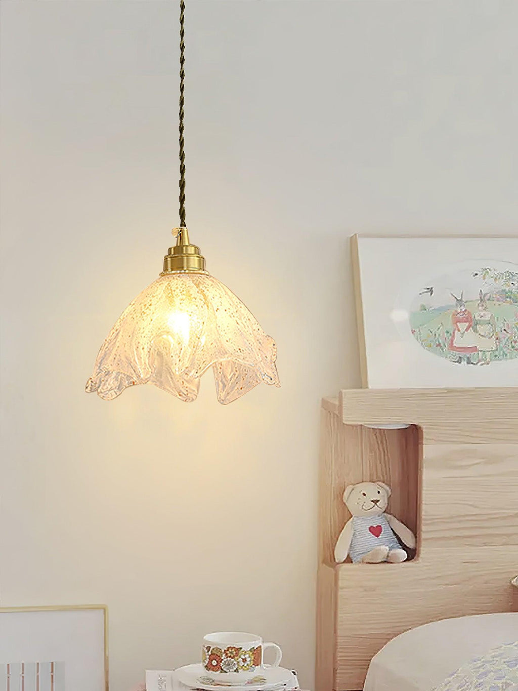 Solara Pendant Lamp Brass Ruffled Glass Lotus Vintage