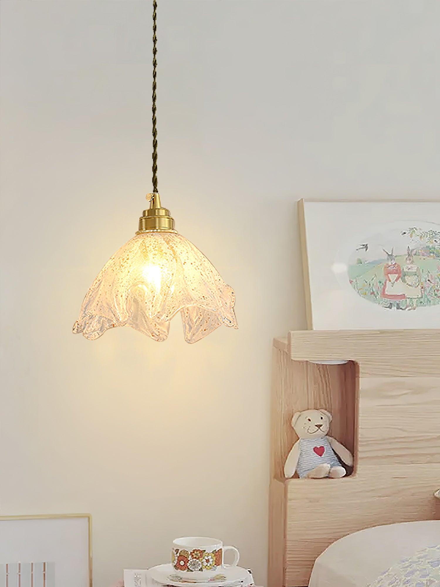 Solara Pendant Lamp Brass Ruffled Glass Lotus Vintage