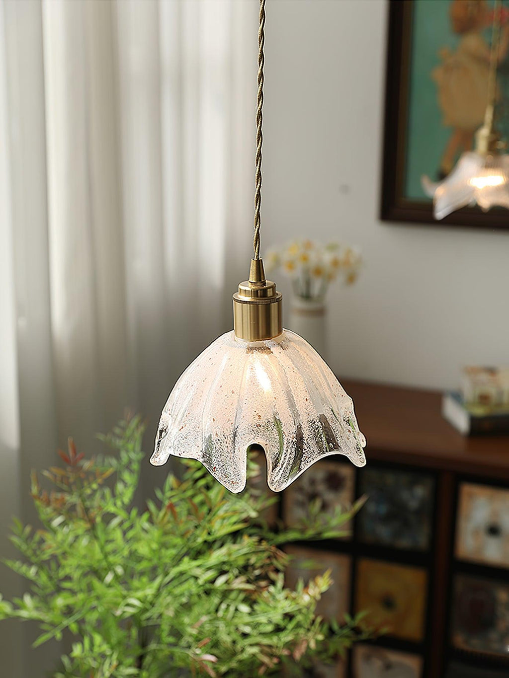 Solara Pendant Lamp Brass Ruffled Glass Lotus Vintage