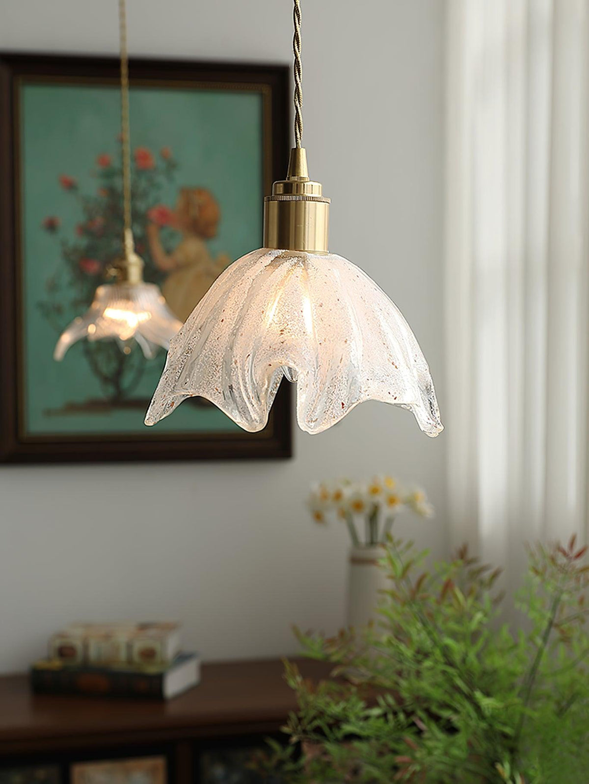 Solara Pendant Lamp Brass Ruffled Glass Lotus Vintage