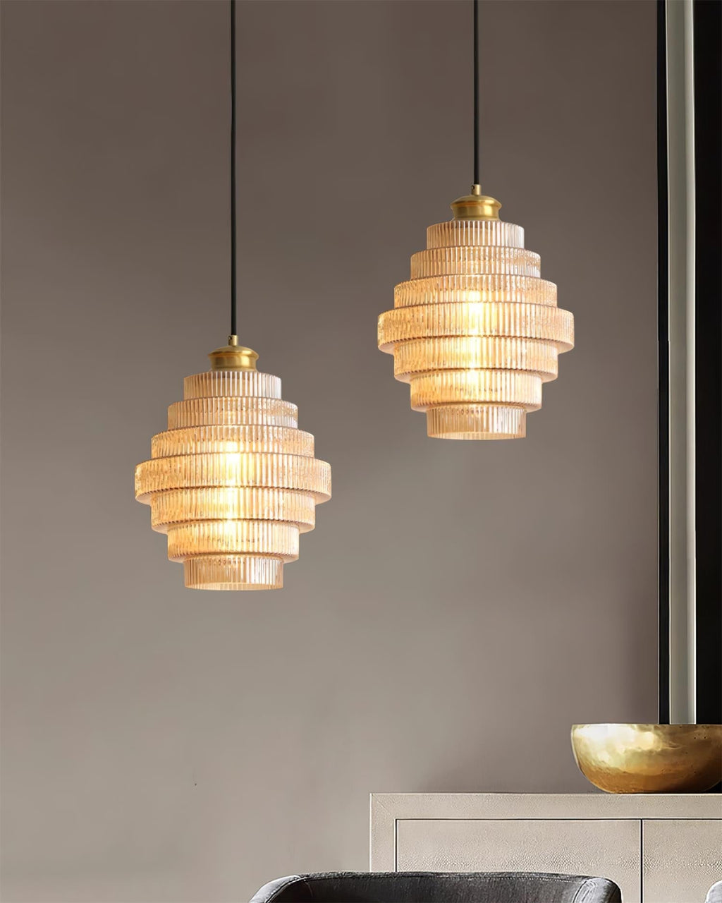 Brivelle Plug-In Ribbed Glass Pendant Light with Brass Accent