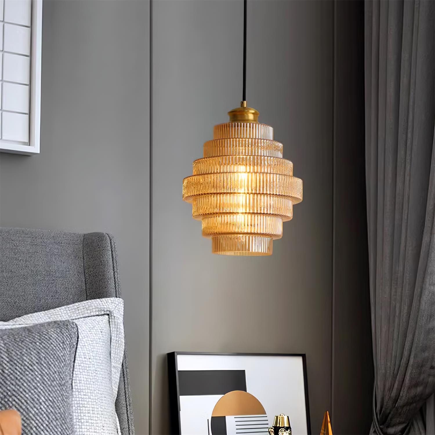 Brivelle Plug-In Ribbed Glass Pendant Light with Brass Accent
