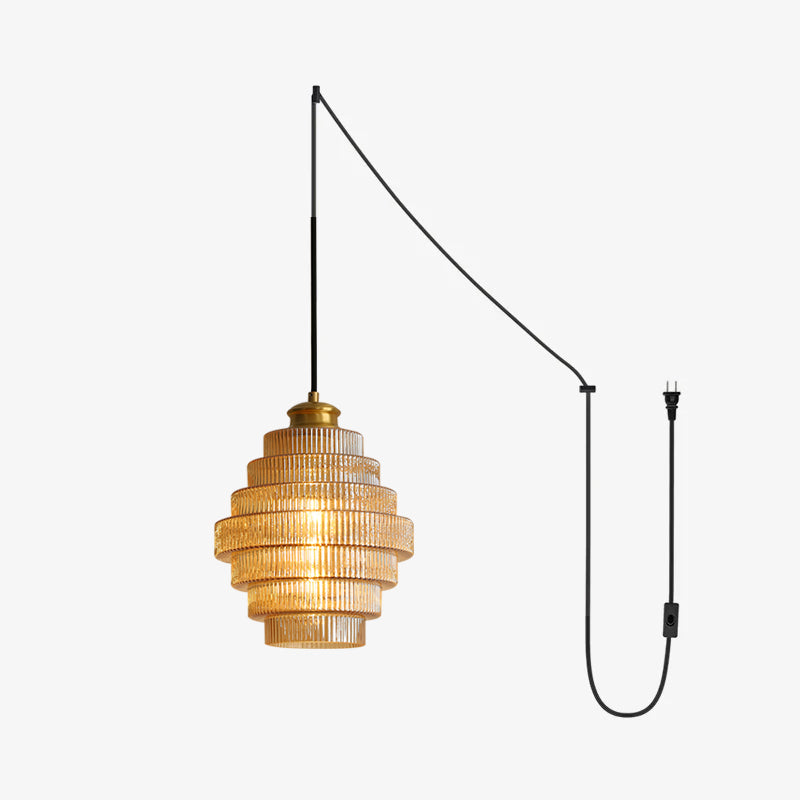 Brivelle Plug-In Ribbed Glass Pendant Light with Brass Accent