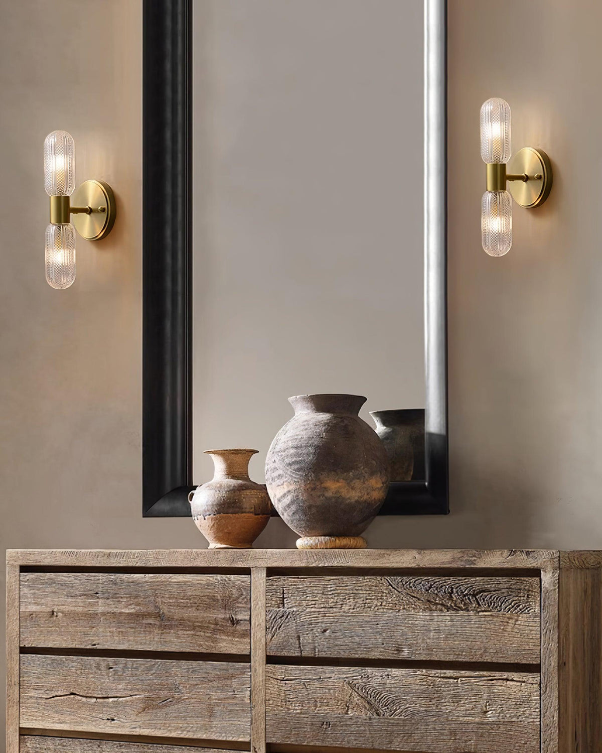 Evania Brass and Textured Glass Double Light Wall Sconce